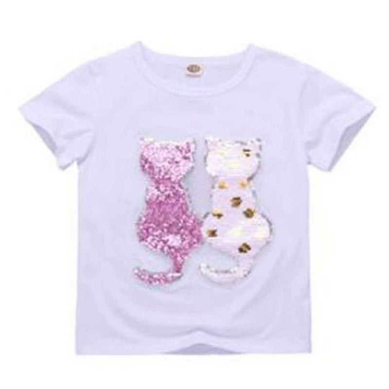 Szytypyl Girls Flip Cat Sequin T-Shirts Short Sleeve Crew Shirt Kids Summer White Casual Pullover Top - Image 1